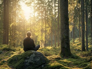 A tranquil forest clearing with soft sunlight streaming through the trees, where a person sits quietly on a mossy rock, practicing forest bathing, absorbing the sounds and sights of nature