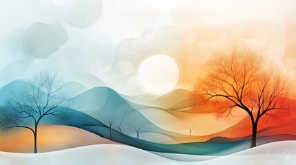 Ethereal Landscape Transformation, vibrant colors blend day into night, seasons shift, abstract shapes create a dreamlike ambiance