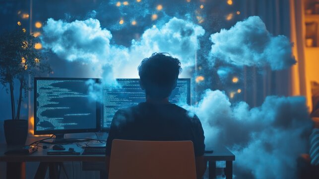 Rear view of a programmer working on code with a cloud computing concept.