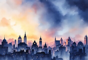 Fototapeta premium Watercolor of Manhattan skyscrapers at sunset - New York city towers 