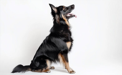 Fototapeta premium Studio portrait of Australian cattle dog from the side sitting and looking up with tongue out.