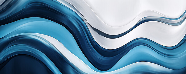 A dynamic abstract waves of blue and white flowing on white background, fluidity and motion. AI generation