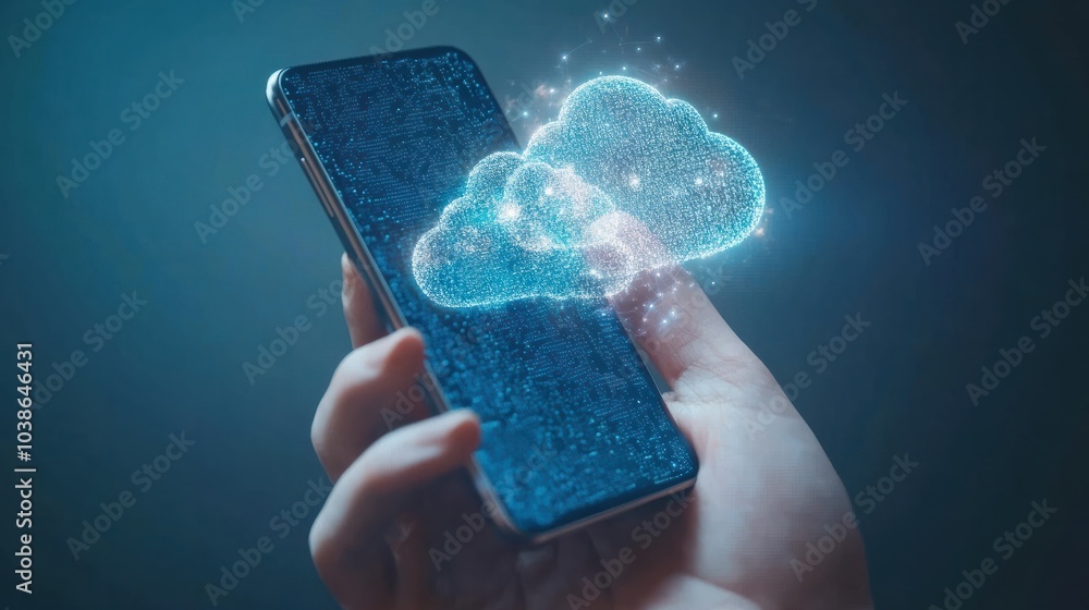 Poster secure cloud computing: hand holding a smartphone with holographic cloud icons, depicting the integr