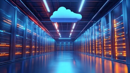 Server room with cloud on ceiling modern technology data center concept