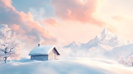 Charming Alpine Retreat, cozy chalet with stone and wood, surrounded by snow-capped peaks, pastel hues evoke warmth and tranquility