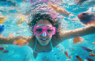 Fototapeta premium girl is swimming underwater in the ocean with fish, blue water, and sunlight. The young child has pink goggles on her head and is wearing swim shorts. There are many fish surrounding the woman