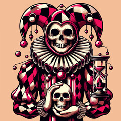 Fototapeta premium A man in a clown costume holding a skeleton and a clock