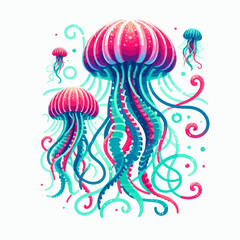 A colorful jellyfish with two other jellyfish in the background