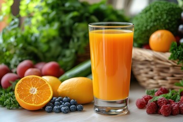 Summery Orange Juice Setup with Berries Background