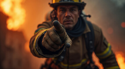Firefighter pointing forward amid flames