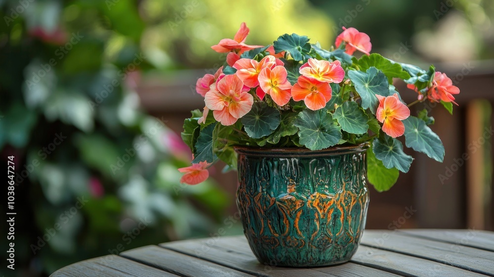 Wall mural a colorful begonia plant in a decorative pot, placed on a patio table.