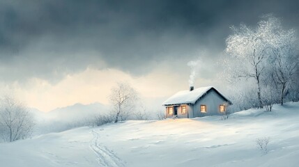 Cozy Eco-Friendly Mountain Cabin at Dusk, Warm Glow from Windows, Snowy Landscape, Inviting Winter Retreat Atmosphere