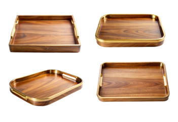 Four Wooden Trays with Gold Accents, Cut Out.
