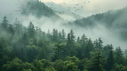 Mountains and birds fly in the green forest of the sky, with pine trees and mountain scenery, green pine trees silhouetted against the background of snow.