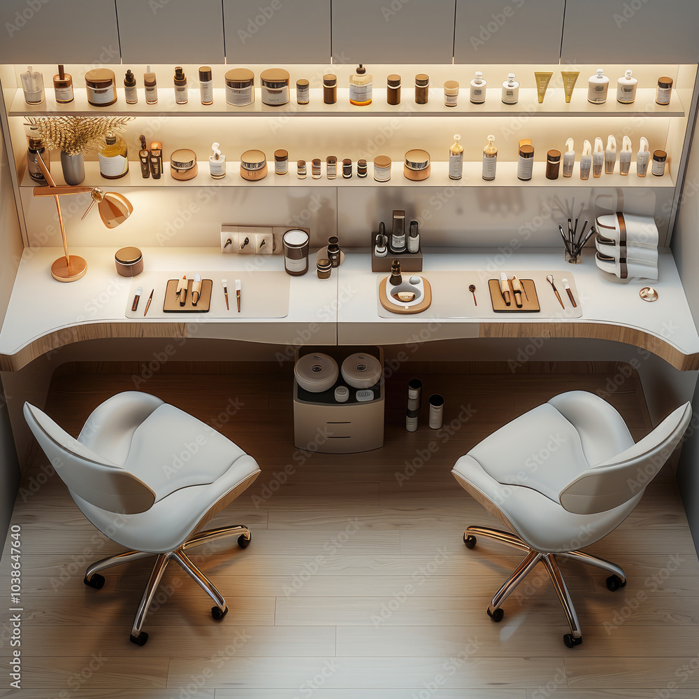 Wall mural nail technician workspace. a modern desk designed for nail art should be paired with two chairs plac