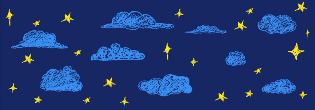 Set of abstract pencil clouds and golden stars. Hand drawn cartoon cloudy night sky. Vector illustration of collection of blue eddy on blue background. Like children's drawing with pencils.