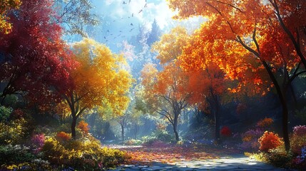 A picturesque autumn landscape featuring a serene pathway meandering through a vibrant forest. The scene is adorned with trees displaying a spectrum of fall colors, ranging from bright orange and yell