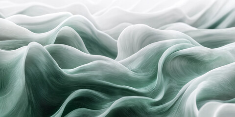 Fototapeta premium Flowing of green and white waves on white background, fluidity. AI generation