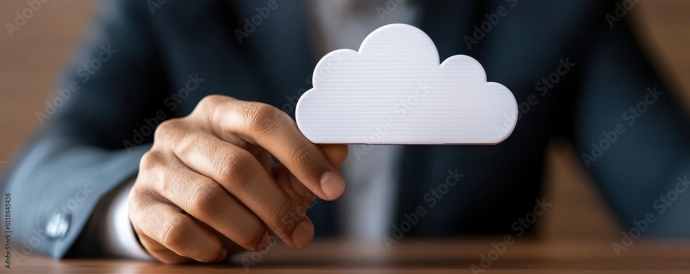 Poster a person in a suit holds a small paper cloud, symbolizing cloud computing or digital storage concept
