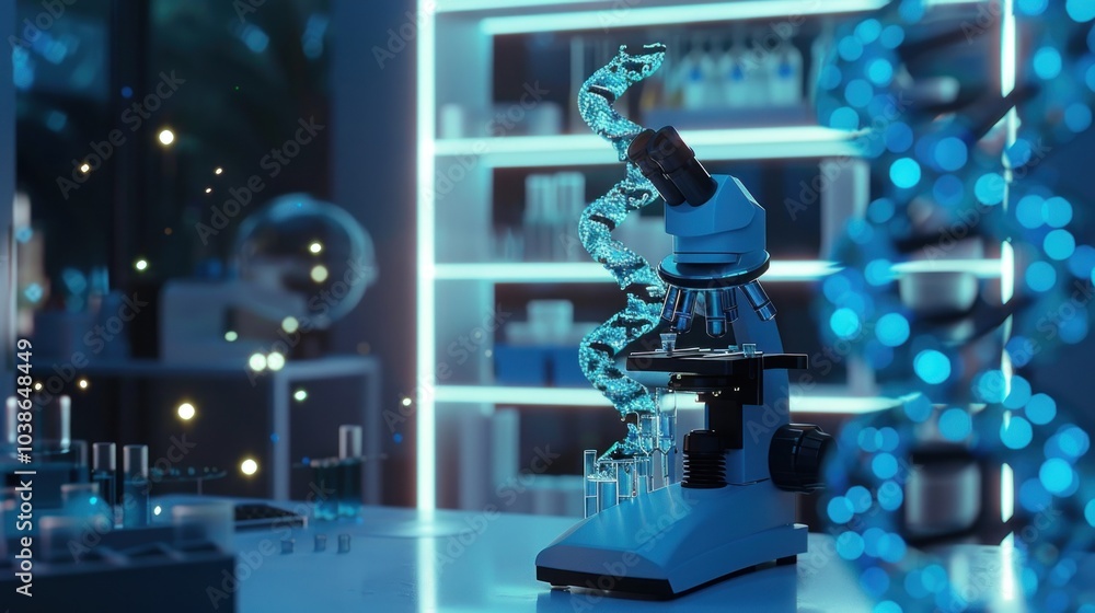 Poster microscope and dna helix in a laboratory setting