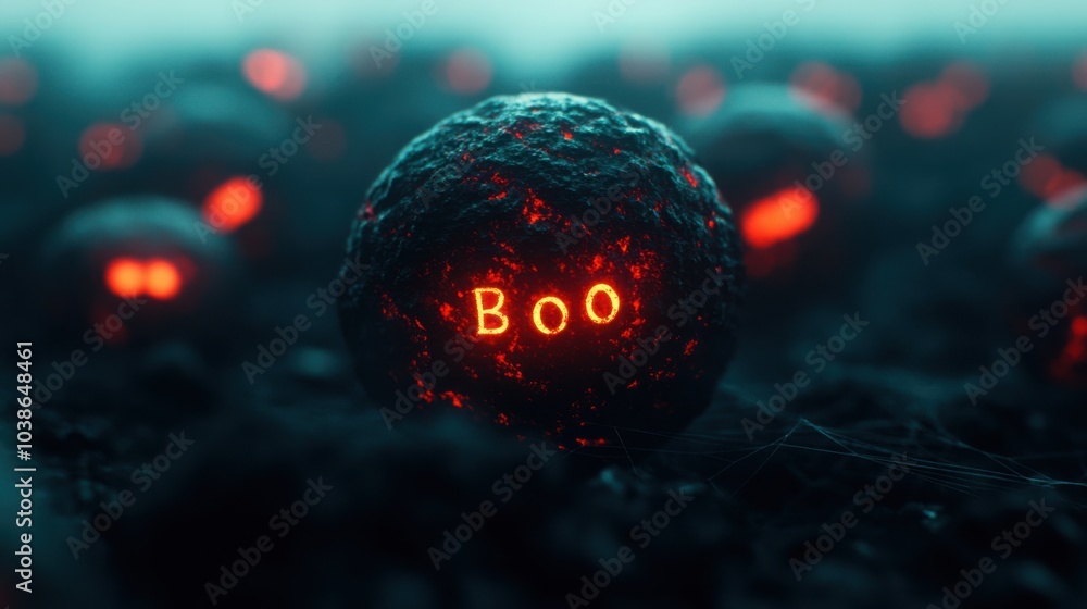 Poster halloween lanterns with floating boo text and cobwebs