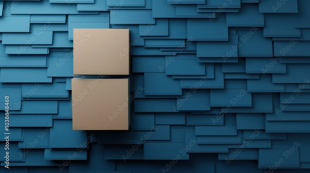 Poster a modern minimalist design featuring a golden element against a textured blue layered background, cr