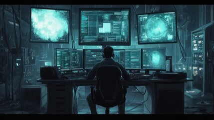 System Administrator Working in a Dark Research Facility on a Computer with Multiple Displays