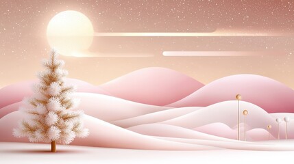 A cheerful holiday scene featuring a cute minimalist Christmas tree, decorated with shiny gold and white accents, alongside whimsical abstract geometric shapes on a soft pastel background.
