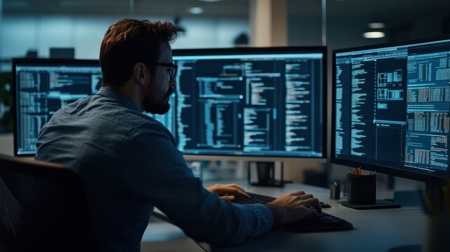 System engineer checking code on multiple monitors and working with app developer colleague in it agency office. Coder analyzing algorithm on screens, developing new user interface.