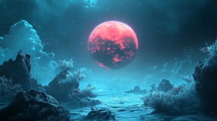 Fototapeta premium Vibrant alien landscape featuring unusual rock formations and glowing plants, a stunning vision of a sci-fi world teeming with life