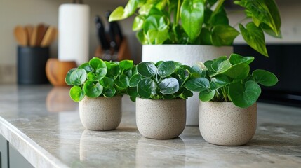 Peperomia plants in small pots displayed on a kitchen counter, blending with the modern, neutral-colored decor.
