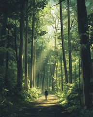 Obraz premium A serene forest bathing (Shinrin-yoku) scene, where a person walks slowly along a peaceful forest trail, surrounded by tall trees and dappled sunlight, taking in the calming atmosphere of the forest