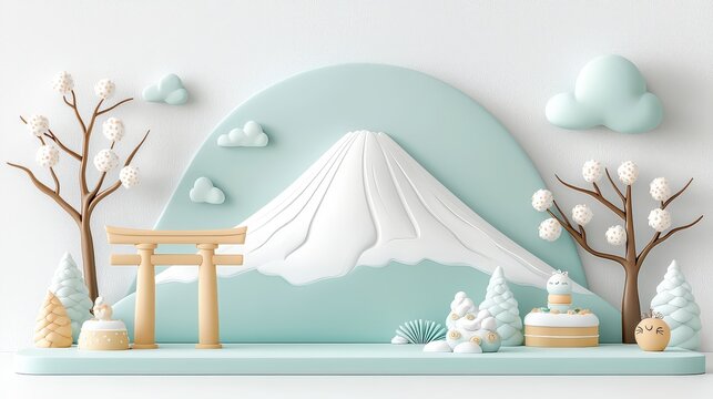 A charming illustration featuring cute soft sculptures of a snow-capped Mount Fuji and a traditional torii gate, adorned with colorful flowers and a bright sky, celebrating ese culture.