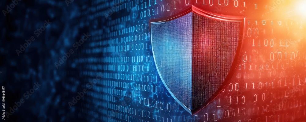 Poster a digital shield against cyber threats, symbolizing security and protection in a high-tech environme