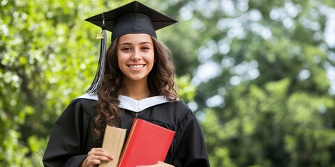 Portrait of a Young Female Graduate in Graduation Attire, Confidently Holding Books and Smiling, Representing Academic Achievement and Success on Graduation Day, Perfect for Education and Academic