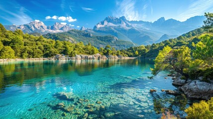 A picturesque view, with clear blue skies and turquoise waters reflecting in the lake. 