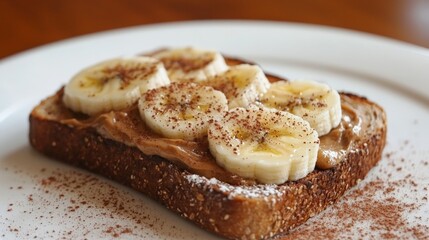 a slice of whole grain bread spread with almond butter, banana slices and cinnamon