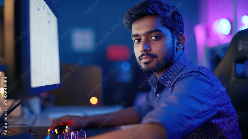 Aufkleber this portrait depicts a handsome indian engineer working on a desktop computer in a technological of