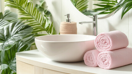 Fototapeta premium Modern bathroom setting with pink towels, round sink, and green plants in soft light