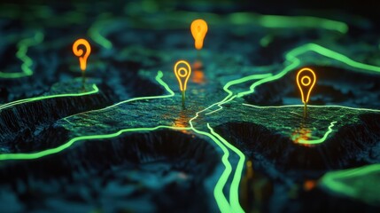 Three map pins and a neon yellow line mark an area on the three-dimensional map