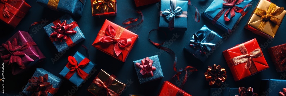 Canvas Prints A collection of vivid gift boxes adorned with bows in various colors is set against a dark background, perfect for any festive occasion. Generative AI