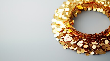 Obraz premium A shimmering gold circle made of sequins, reflecting light against a plain background, perfect for decorations or fashion accessories.