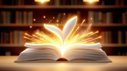 A beautifully illuminated art book with vibrant pages glowing under soft lighting in a cozy library, surrounded by shelves of books, celebrating Literacy Day.