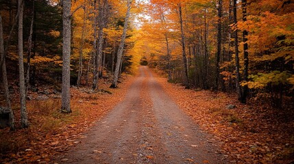 The image depicts a tranquil dirt road meandering through a forest during autumn. Lining both sides of the path are tall trees, their leaves vibrant shades of orange, yellow, and green, creating a viv