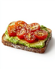a slice of whole grain toast topped with smashed avocados, tomato slices and sesam seeds