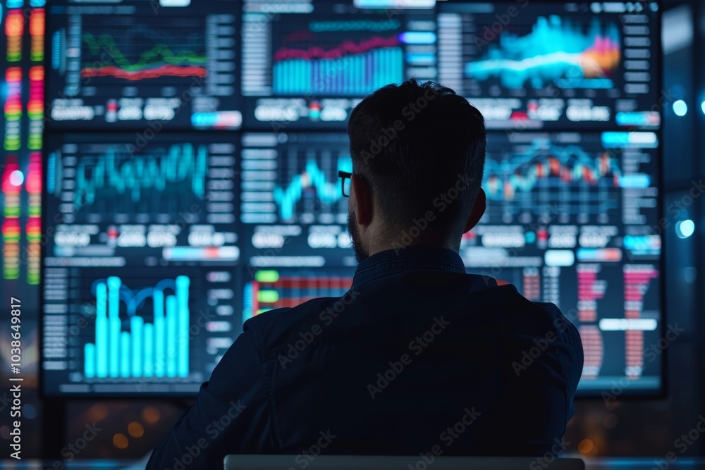 Poster a professional analyzes big data trends in finance through a modern screen interface showcasing busi