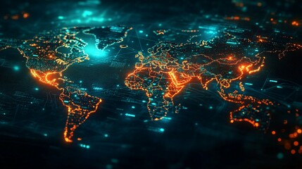 A Digital World Map with Bright Orange and Blue Lights