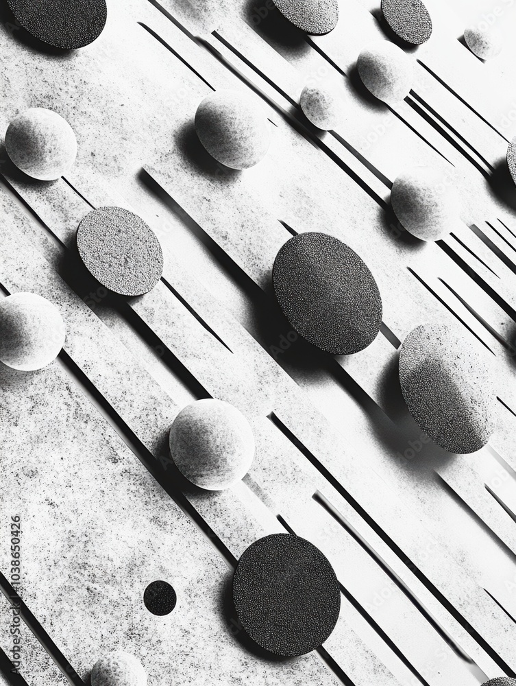 Poster scattered large and small circles flow along a diagonal grid, forming an intriguing abstract pattern