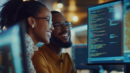 Fototapeta premium Two beautiful African American programmers, one wearing eyeglasses, are smiling and laughing while coding on multiple screens in their office. They are looking at the computer screens