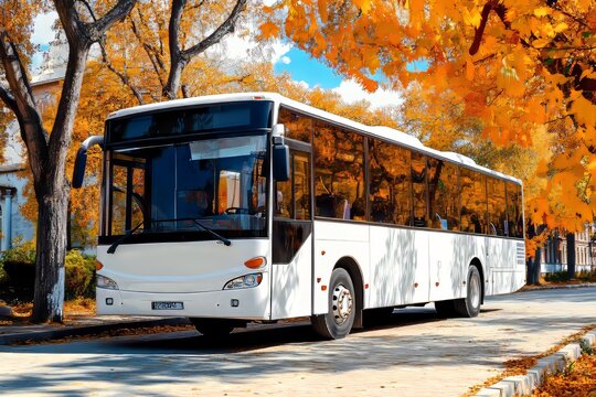 White tourist bus driving on a road in autumn
